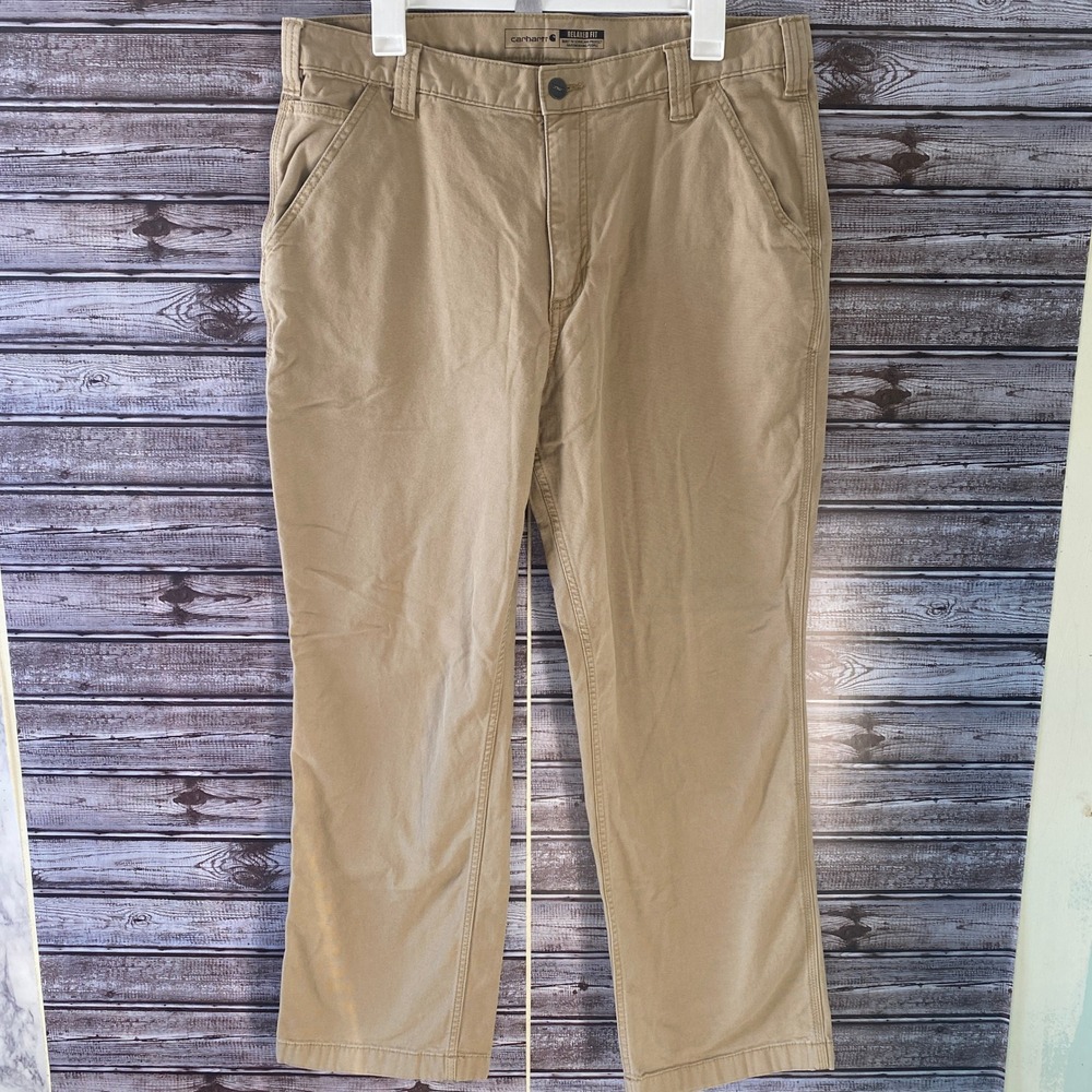 Carhartt Men's Relaxed Fit Rugged Flex Canvas Work Pants Size 36 x 30 Beige Logo
